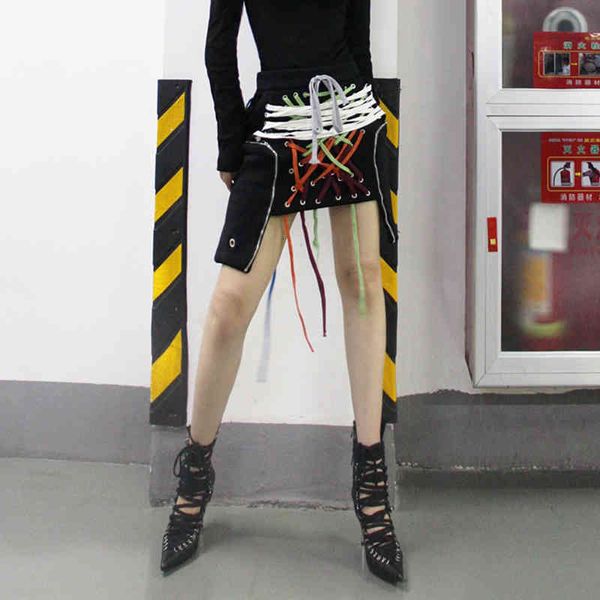 

skirts casual patchwork tassel skirt for women high waist cross bandage colorful streetwear skirts female fashion tide, Black