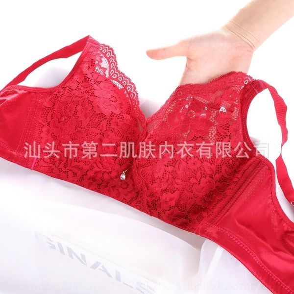 

mwje full cup large chest with small lacebra gathered without steel ring thin women's underwear lace underwear women's large bra, Red;black