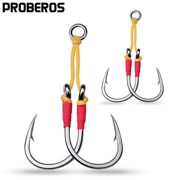 

fishing hooks proberos 2pairs/lot metal jig assist 1/0-3/0-5/0-7/0-9/0-11/0-13/0# jigging spoon fishhook with pe line feather solid ring
