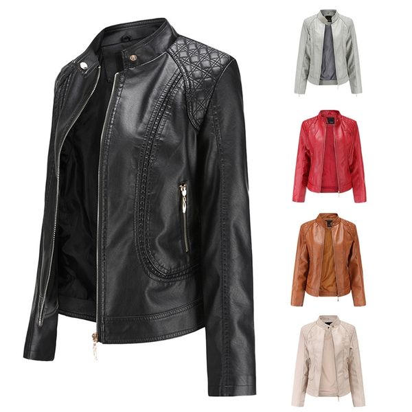 

fashion women's long sleeve faux leather stand-up collar zipper stitching solid colors slim fit motorcycle jacket outerwear#g3 211215, Black