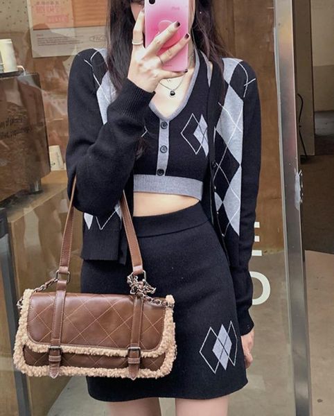 

women's tracksuits pants suits girl ling lattice knitted cardigan autumn hanging neck half body wrap hip skirt two-piece suit small man, Gray