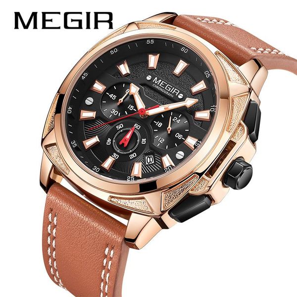 

wristwatches reloj hombre megir chronograph wrist watches mens waterproof leather men sport quartz watch relogio masculino, Slivery;brown