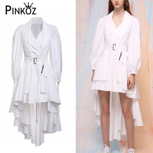

runway designer celebrity style white chic asymmetrical dress elegant party lady spring autumn belt femme 210421