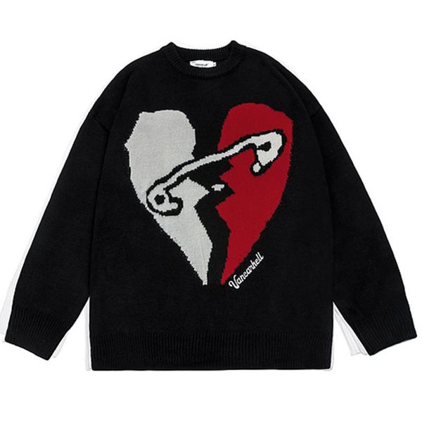 

men's sweaters men retro broken heart knit winter hiphop oversize couple knitwear women harajuku hipster sweater pullover top, White;black