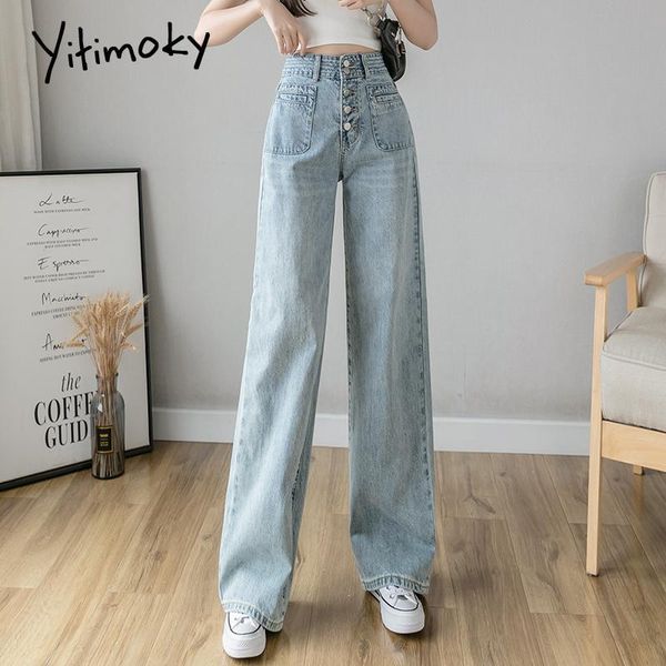 

women's jeans yitimoky women leisure loose high waist vintage wide leg with butoon pockets korean style full-length pants 2021, Blue