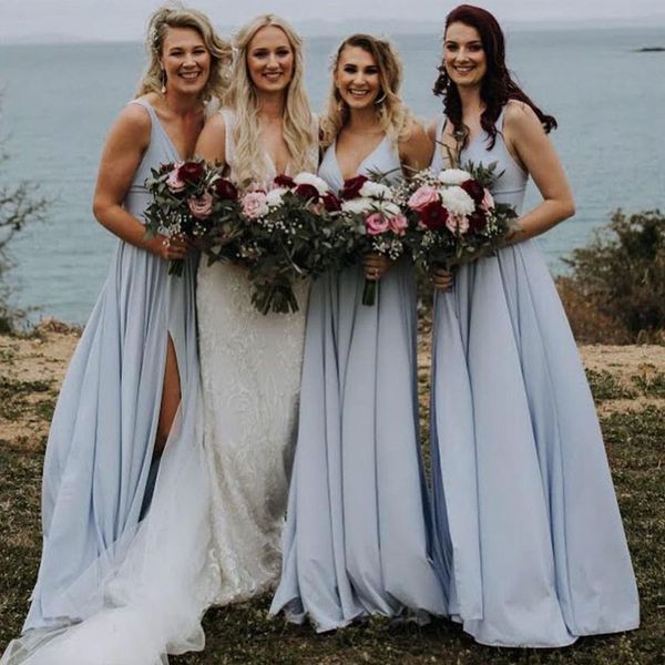 Light Sky Blue Color Bridesmaid платья линия V-образным вырезом Шифон длиной длиной длина полоса весна лето горничная честь платья свадебные гость на заказ