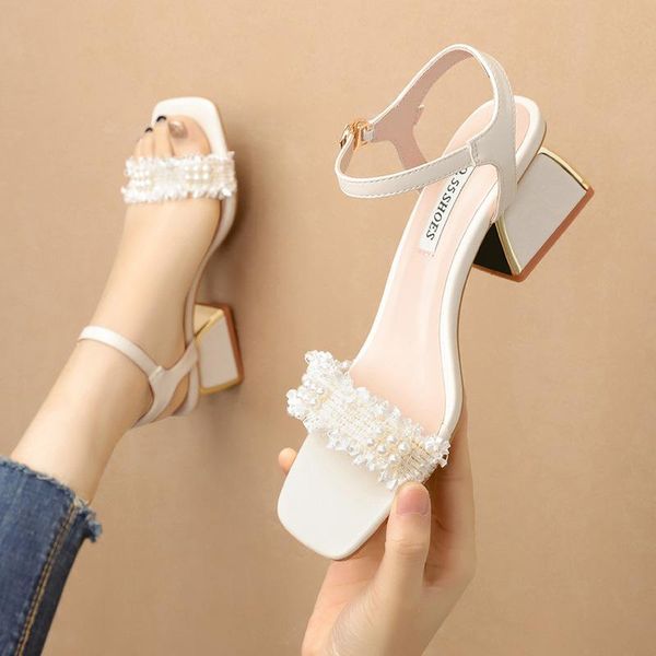 

sandals women pu buckle strap 5cm square heel high heels toe rhinestones bling shallow sandal shoes 2021 size 35-42, Black
