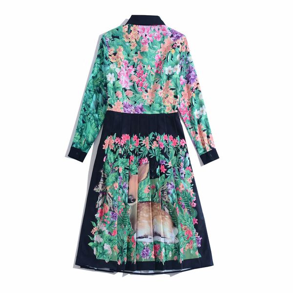 

capris 2021 spring fashion women turn-down collar cute animal floral print long sleeve a-line pleated, Black;gray