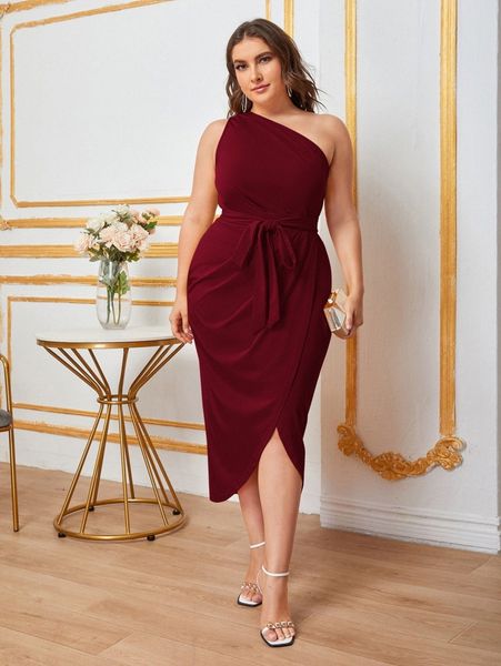 

plus one shoulder self belted wrap hem dress m7re#, Black