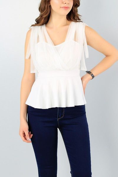

women's blouses & shirts white tulle design strapped bluz