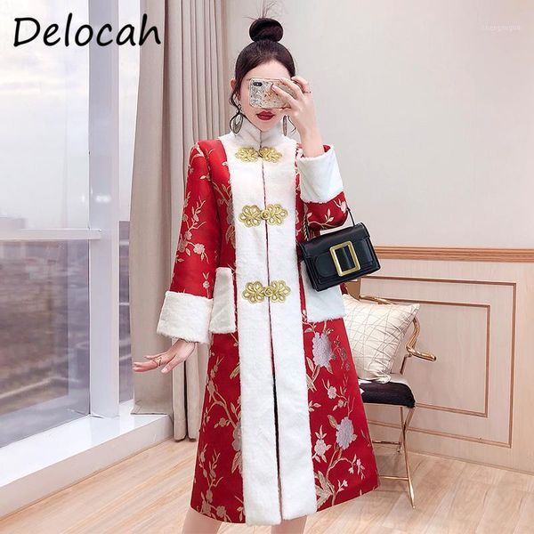 

delocah women spring 2021 fashion runway blends coat long sleeve embroidery pockets vintage printed ladies coats overcoat women's wool, Black