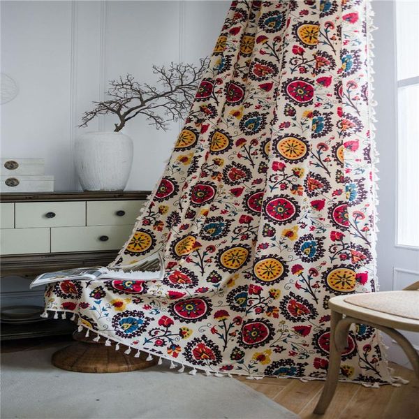 

flower pattern printing with whitetassel curtains window treatment pastoral style semi-shading home windows decoration curtain & drapes