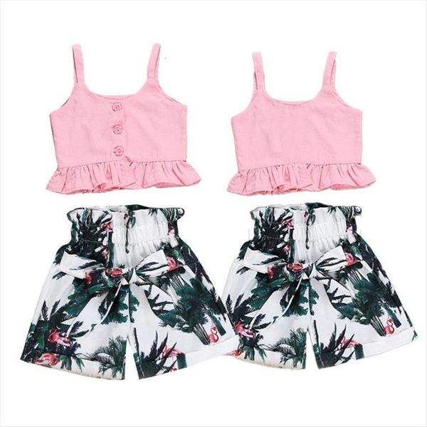 

summer fashion flamingo strap pink toddler baby girls vest crop short pants outfits clothes set, White