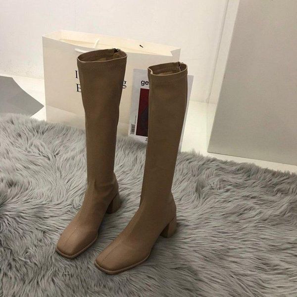 

boots women's in the tube fashion square toe mid-heel thick heel british style knight, Black