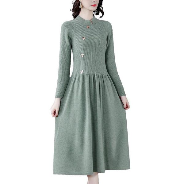 

casual dresses spring summer vintage chinese style women mandarin collar long sleeve button sweater dress 2021 female solid loose, Black;gray