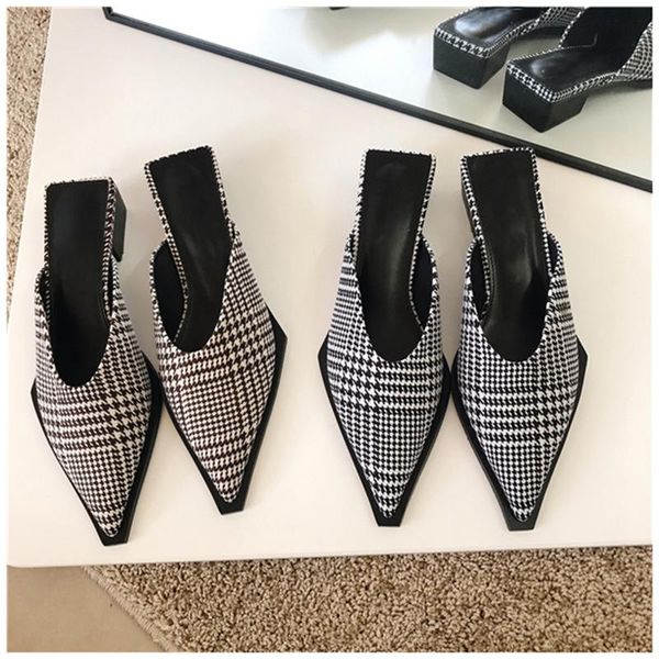 

bailamos fashion mules square med heel pointed toe slipper slip on shallow slides shoes houndstooth outdoor slippers, Black
