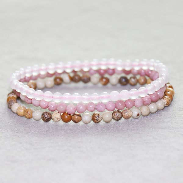 MG0052 Atacado Conjunto de Pulseiras de Quartzo Rosa e Rodonita com Imagem Jaspe Pulseira 4 mm Mini Pedra Preciosa Yoga Mala Jóias