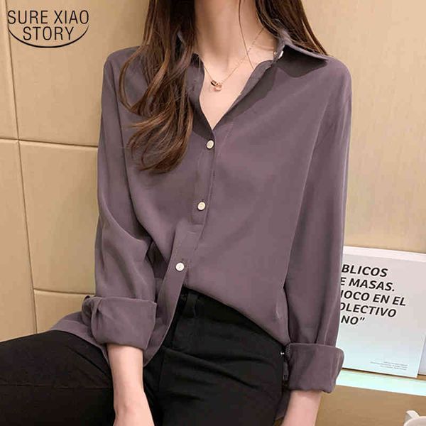 Sonbahar Uzun Kollu Kadın Gömlek Katı Vahşi Kore Kadınlar Bluz Polo Yaka Gevşek Düz Ofis Bayan Giysileri Tops 10615 210508