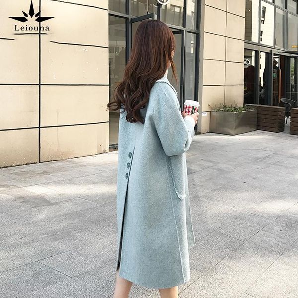 

women's wool & blends leiouna long casual slim vintage 2021 fashion women real coat double woolen coats korean autumn winter jacket fem, Black