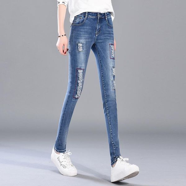 

women's jeans women mid waist slim long pants ladies ripped hole casual summer skinny full length trousers 11245, Blue