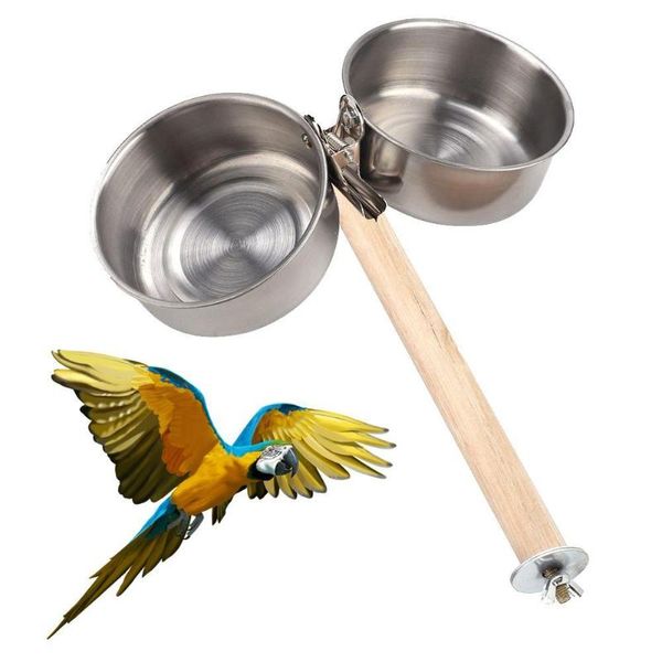 

2pcs pet parrot cage stand perch water feeding clip double bowl bird feeder other supplies