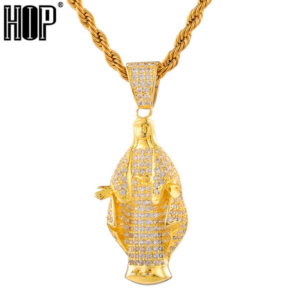 Hip Hop Gold Color Bling completo AAA + Zircônia Cúbica Gelado Fora Virgem Maria Pingentes Colares Para Homens Jóias