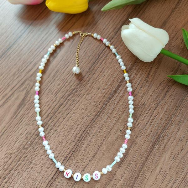 

chains 1pc fashion bohemian handmade beads natural pearl choker necklace rainbow candy strand collar gold jewelry gift, Silver