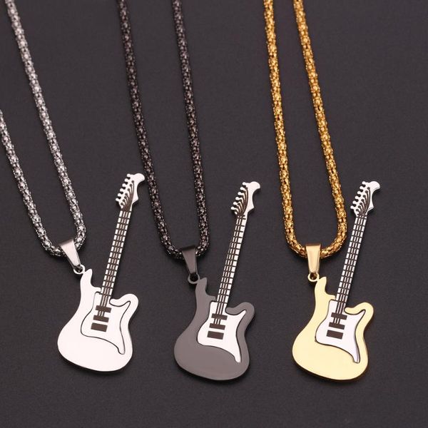 

pendant necklaces hip hop gold black silver color fashion men women stainless steel rock music guitar jewelry chain necklace gift