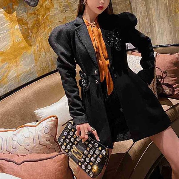 

summer product slim ladies puff sleeve solid color v-neck luxury diamond applique fashion coat feminino 210525, Black;brown
