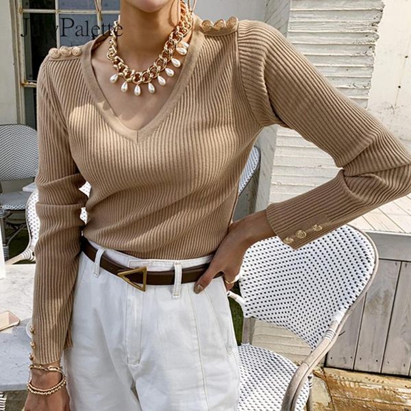 

women's sweaters julypalette casual office ladies slim knitted pullover v-neck full sleeve button women sweater jumper 2021 autumn soli, White;black