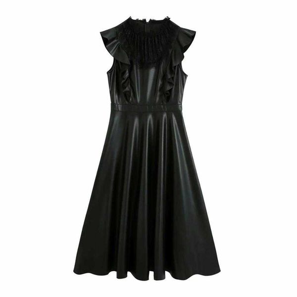 

women dress faux leather lace-neck midi dress side ruffles sleeveless elegant femme robe ropa mujer vestidos 210709, Black;gray