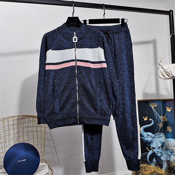 

pant fashion bright silk sports knitted tracksuits set women sleeve cardigan sweater long pants outfits casual knit suit female, White