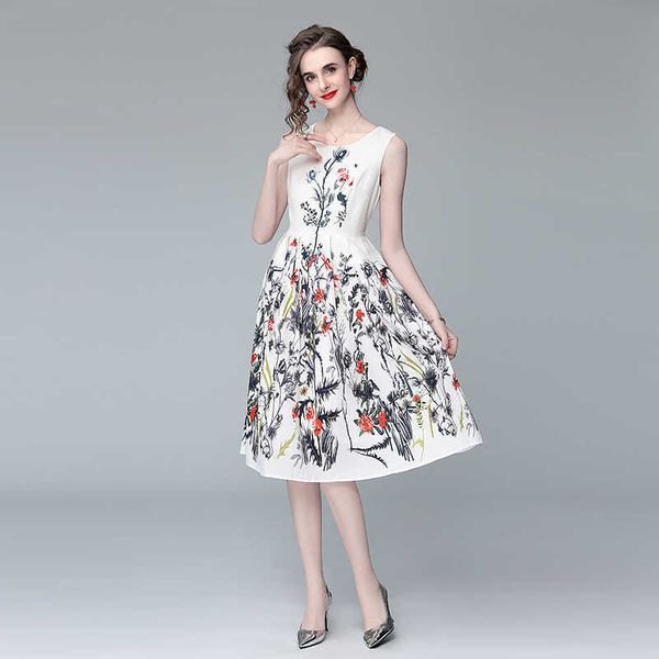 

summer bohemain floral printed dress for women elegant sleeveless o-neck a-line fairy dresses 210529, Black;gray