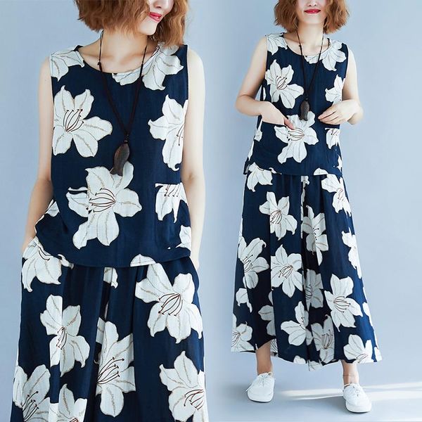 

women's two piece pants #0848 floral printed set and tank wide leg vintage faux silk 2 sets woman tide, White