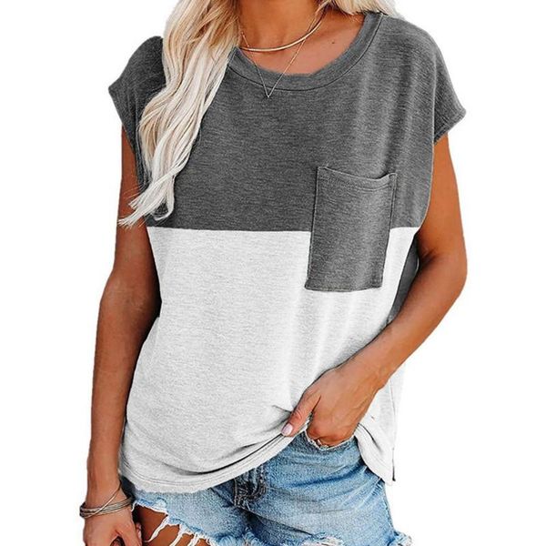 

summer women's loose short-sleeved print splicing pocket t-shirt top, White