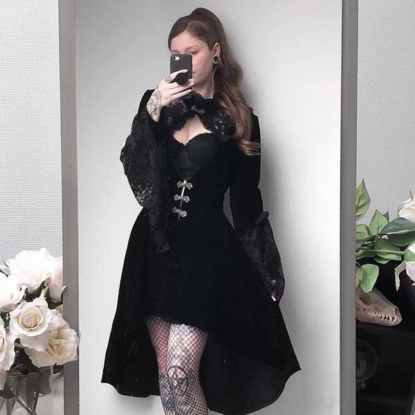 

2021insgoth vintage black velvet gothic dress women elegant hollow out lace dress patchwork mini female party dresses autumn, Black;gray