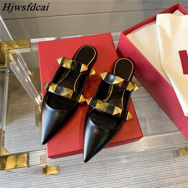 

slippers rivet pointed toe women shoes baotou flat low heels muller outdoor casual lazy half, Black