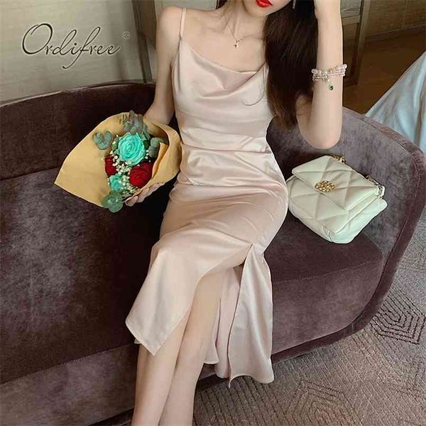 

summer women satin party dress spaghetti strap memaid split silk slip 210513, Black;gray