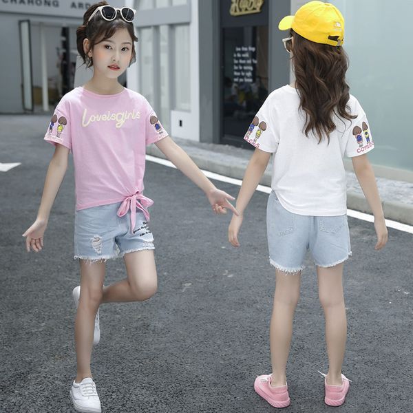 

Girl Summer Clothing Sets Kids T-shirt + Jeans Shorts 4-13 Years Child Cotton Outfit Baby Short Sleevels Clothes Suits, White