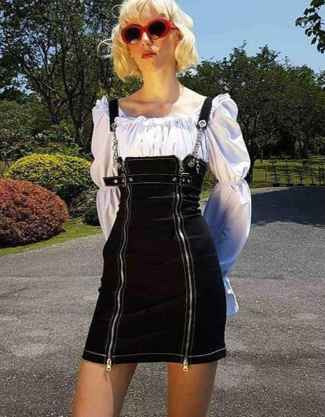 

double zippers metal chain joints suspender dress casual dresses, Black;gray