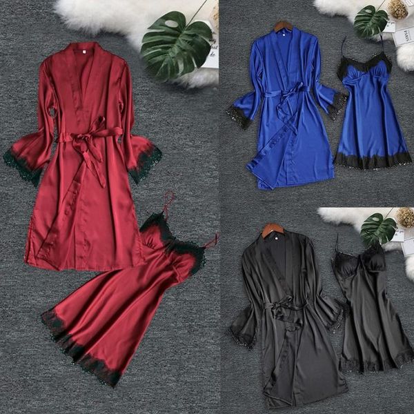

women's sleepwear silk robe women lace satin pajamas gown set v-neck cami nighties wear lingerie female home nightwear pyjamas, Black;red