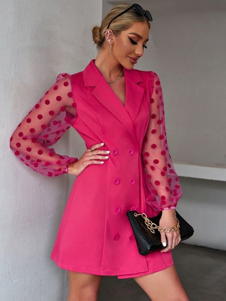 

polka dot mesh lantern sleeve double breasted blazer dress o8gi#, White;black