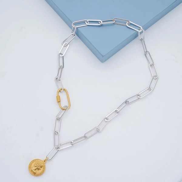 

chokers vintage coin necklace stainless steel carabiner clasp necklaces for women metal medallion pendant choker collier femme, Golden;silver