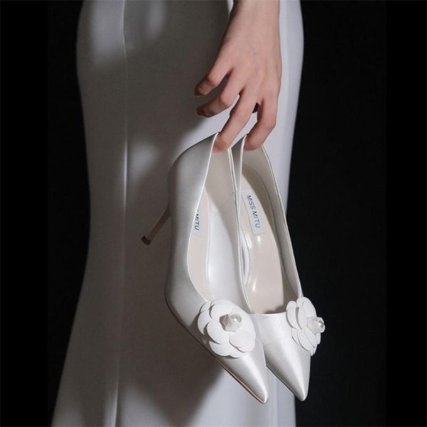 

dress shoes 8 cm 2022 camellia flower white stain wedding women bride evening bow stiletto heels annual dinner pumps, Black