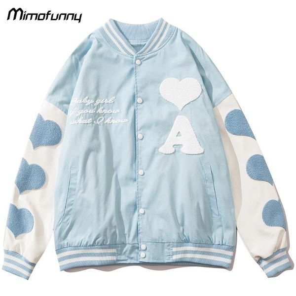 

men's jackets baseball jacket men letter heart patch patchwork color bomber coat autumn college style outwear couple loose harajuku str, Black;brown