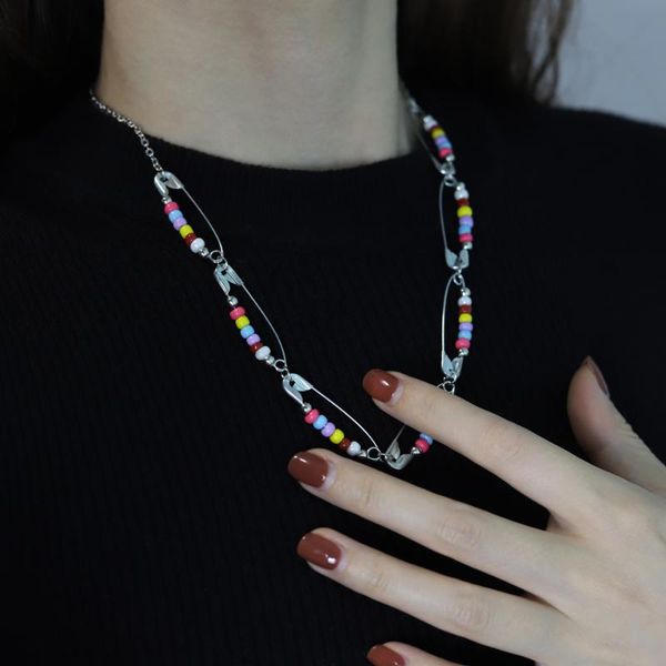 

chains fashion bohemian clavicle chain buckle pin string colorful beads necklace rainbow color bead female jewelry gift, Silver