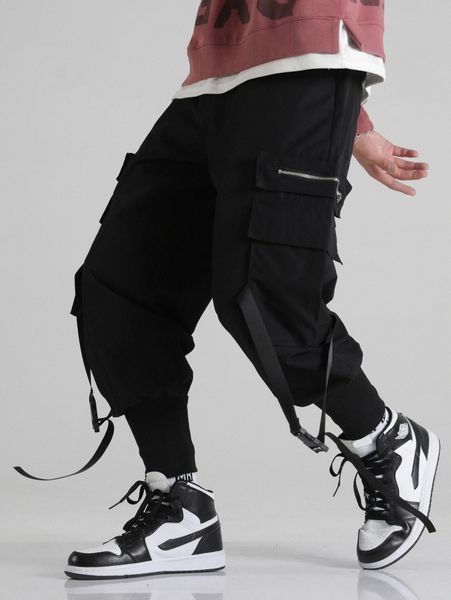 

men flap pockets buckle tape cargo pants m1or#, Black