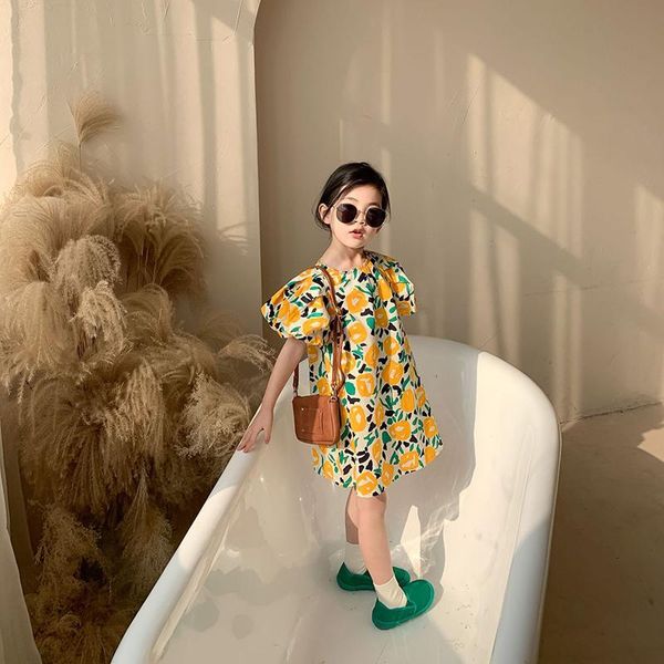 

summer kids girls bubble sleeve floral princess dress fashion baby cotton cute clothing cotton, #9437 girl's dresses, Red;yellow