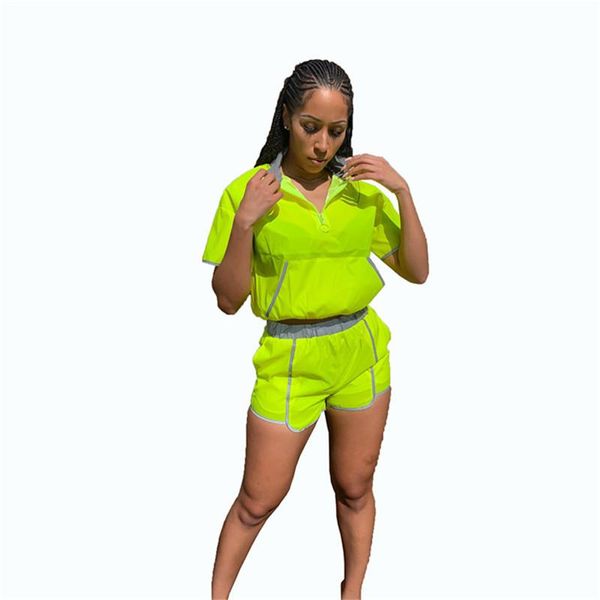 

neon green casual two piece women set tracksuit short sleeve sportswear crop and shorts fitness 2 summer women's tracksuits, Gray