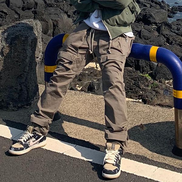 

men's pants high street multi-pocket drawstring overalls mens straight ribbons oversize casual cargo hip hop loose baggy trousers, Black